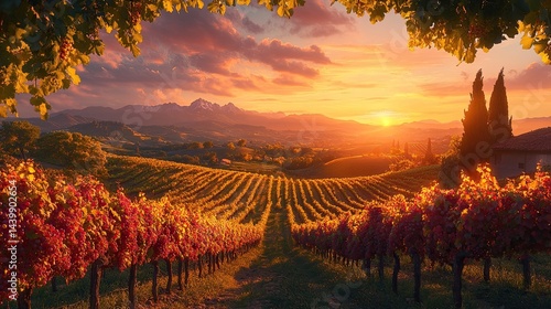 Lush vineyards stretching across rolling hills under vibrant sunset with majestic mountains in background 