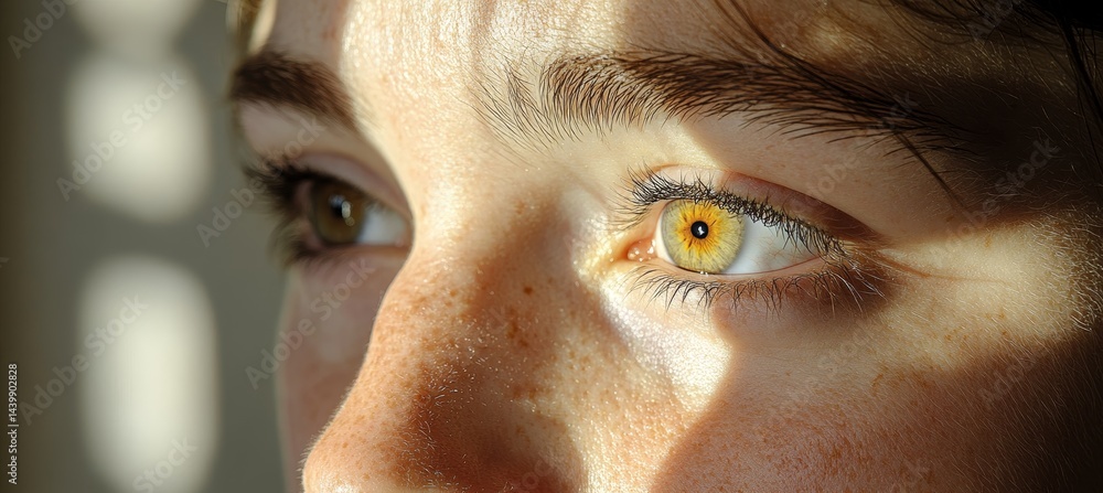 Close Up Of Young Person s Eyes With Sunlight Shining Through Window, Freckles, Eyelashes