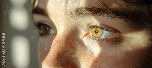 Obraz na płótnie Close Up Of Young Person s Eyes With Sunlight Shining Through Window, Freckles, Eyelashes w salonie