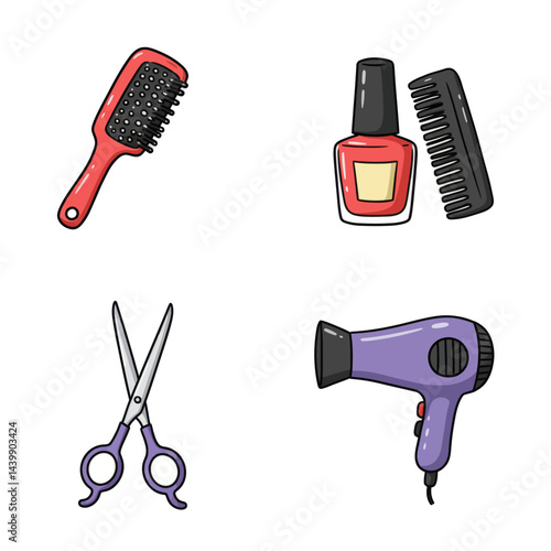 Pixel Art Beauty Salon Tools: Hairbrush, Nail Polish, Hair Dryer and Scissors
