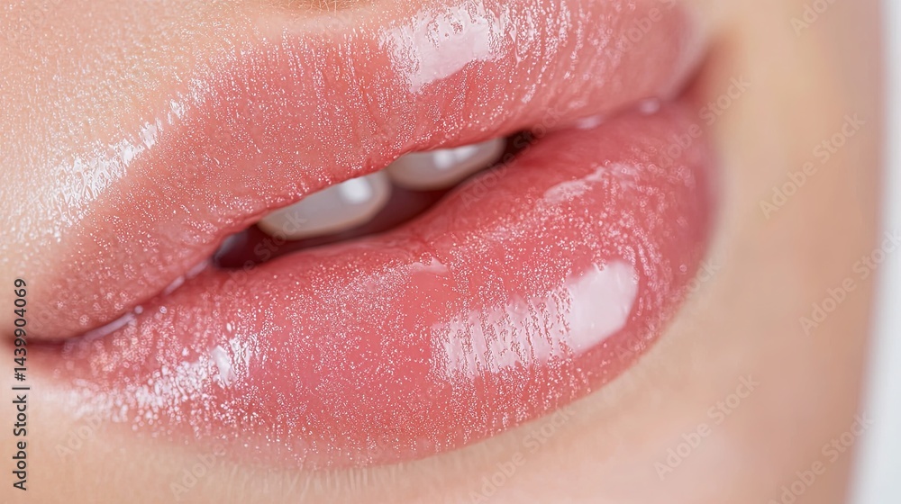 Fototapeta premium Close-up of lips, applying moisturizing balm, soft bokeh.