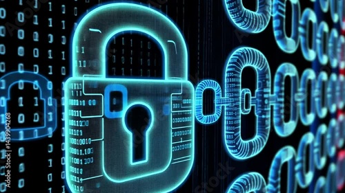 Futuristic digital security locks against a backdrop of binary code and data streams