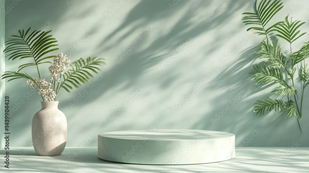 Obraz premium Light and airy, minimalist display podium with greenery and flowers