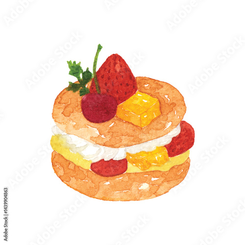 Watercolor illustration of a choux pastry filled with cream and fruits, topped with strawberry, cherry,and mango. Perfect for cafe branding, menu designs, bakery promotion, and dessert themed projects