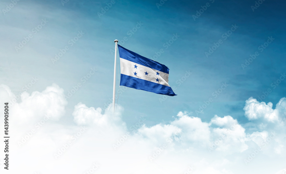 Honduras national flag with mast waving in beautiful sky. Honduras flag for Republic Day and Independence Day. Honduras national flag with mast waving in beautiful sky. Honduras flag for Republic Day and Independence Day.