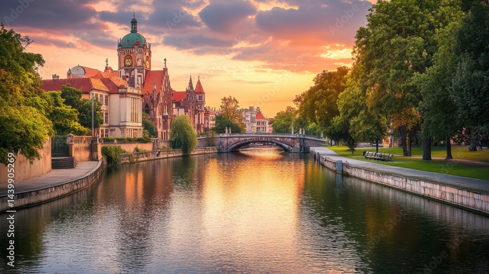 Fototapeta premium A scenic, historic river winding through a culturally rich European city