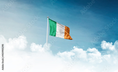 Obraz na plátně Ireland national flag with mast waving in beautiful sky