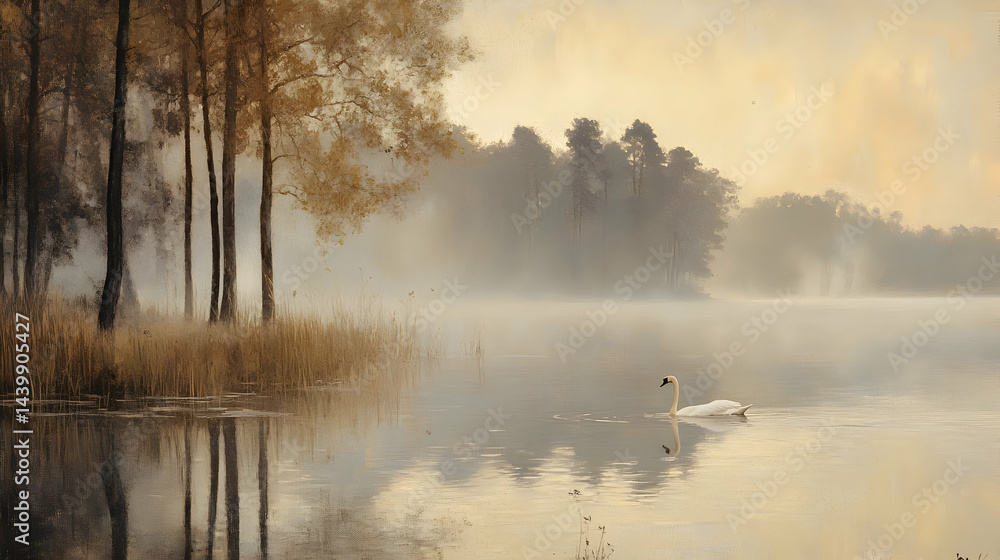 Fototapeta premium Serene Swan on Misty Lake: A Tranquil Autumn Landscape