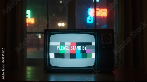 Vintage Television Set Displaying Test Pattern at Night