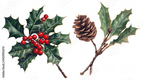 Festive Christmas Holly Berry and Pine Cone Decoration
