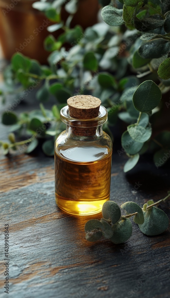 Eucalyptus Essential Oil with Fresh and Dried Eucalyptus Leaves on Rustic Background.