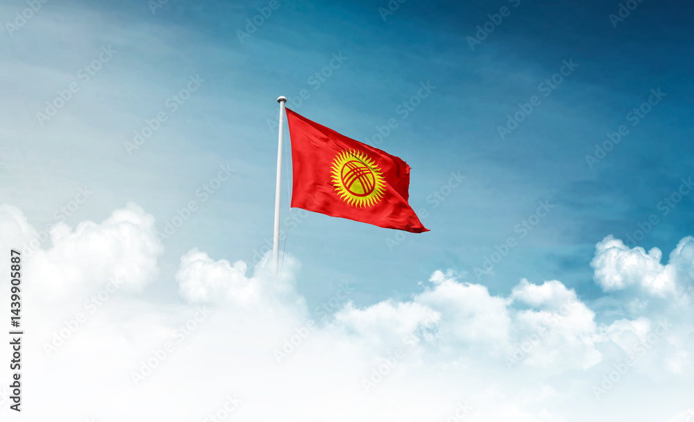 Naklejka premium Kyrgyzstan national flag with mast waving in beautiful sky. Kyrgyzstan flag for Republic Day and Independence Day.