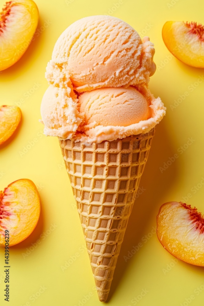 Refreshing Peach Ice Cream Scoops in Waffle Cone on Bright Yellow Background, Summer Treat