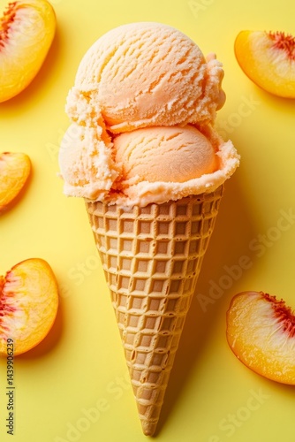 Obraz na płótnie Refreshing Peach Ice Cream Scoops in Waffle Cone on Bright Yellow Background, Summer Treat w salonie