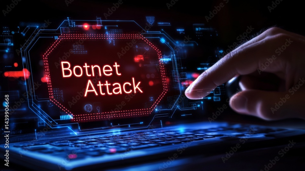 Cybersecurity Threat, Botnet Attack Warning, Network Security Breach, Digital Crime Concept