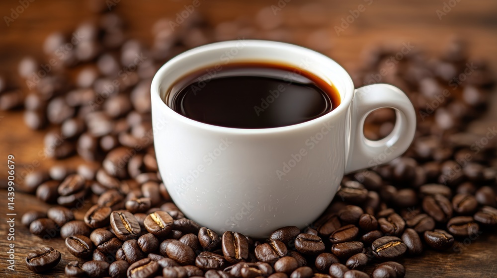Steaming Cup of Freshly Brewed Coffee Surrounded by Roasted Coffee Beans on a Rustic Wooden Table