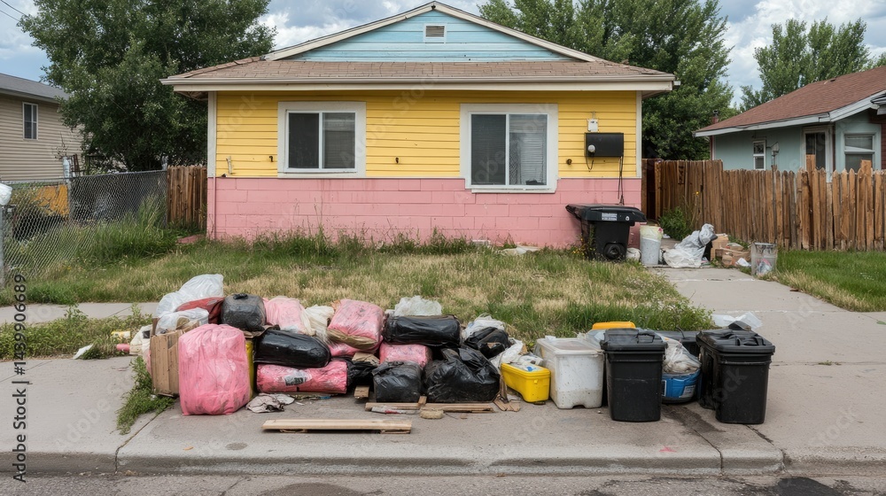 Fototapeta premium Partially completed house exterior with materials left unused