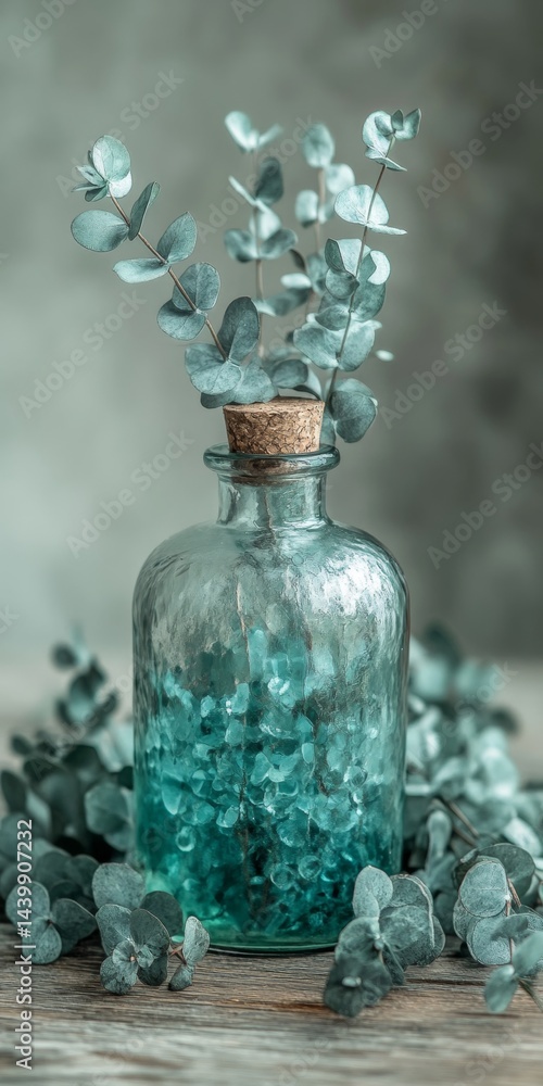 Eucalyptus Essential Oil in Glass Bottle, Dried Eucalyptus Branches, Weathered Wood Table Background