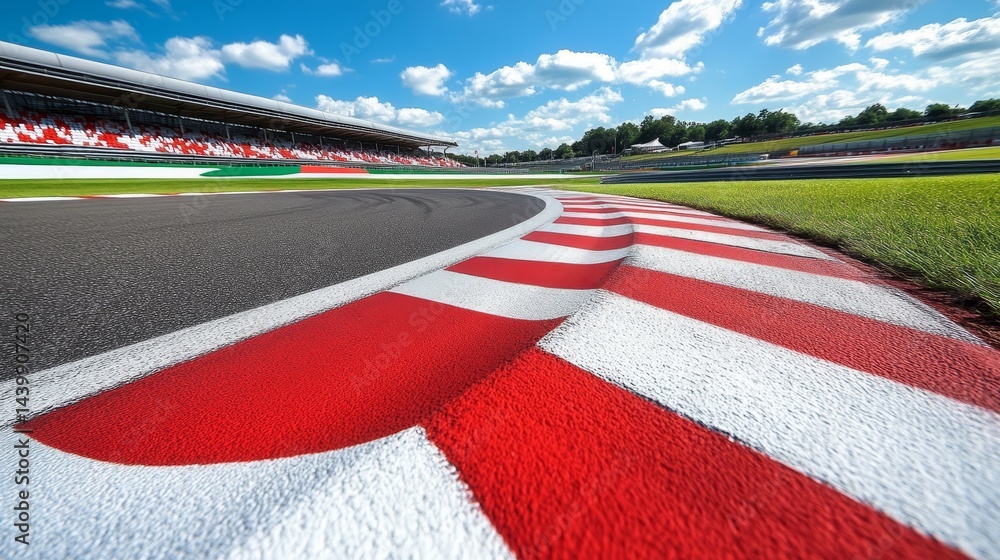 Red and White Painted Rumble Strips Motor Speedway on a Sunny Summer Day With Copy Space