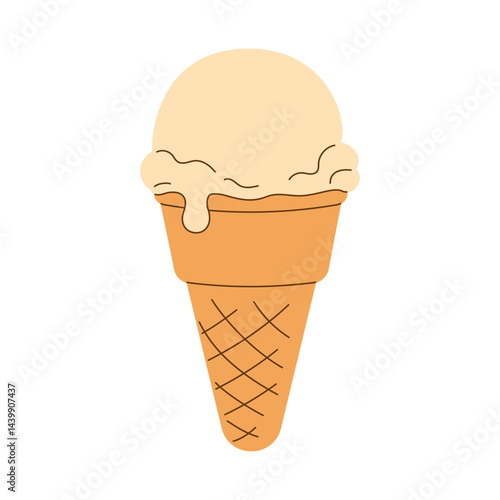Hand drawn icon, logo of melted scoop of vanilla ice cream in waffle cone. isolated on transparent background. Summer Creme Brulee flavor. Minimalistic flat vector illustration EPS10.