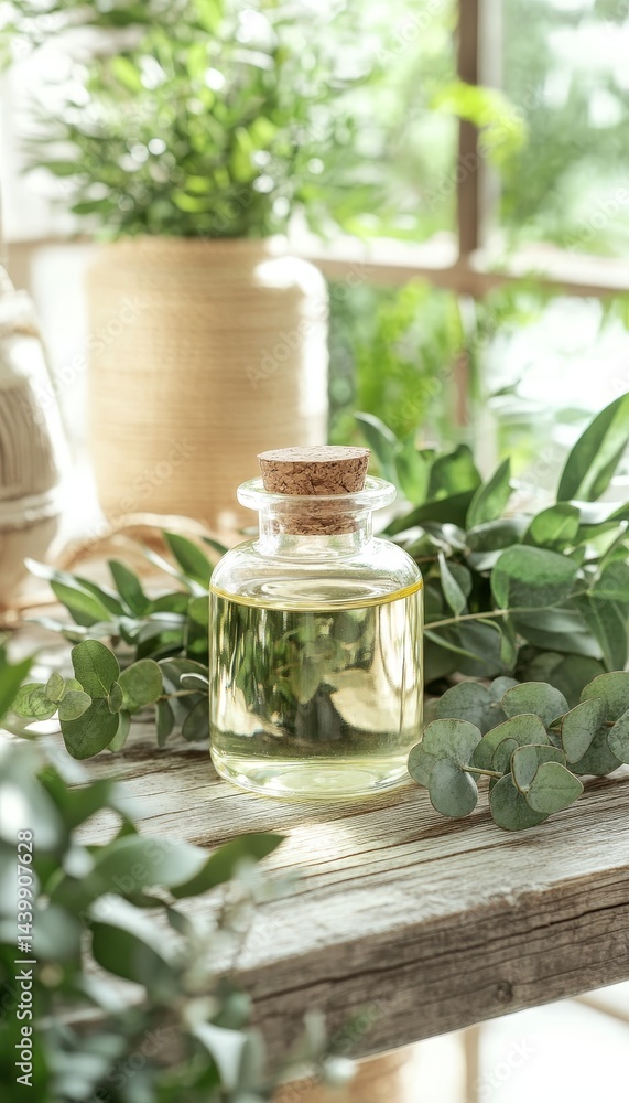 Eucalyptus Essential Oil With Leaves And Dried Eucalyptus Natural Remedy, Wellness Concept