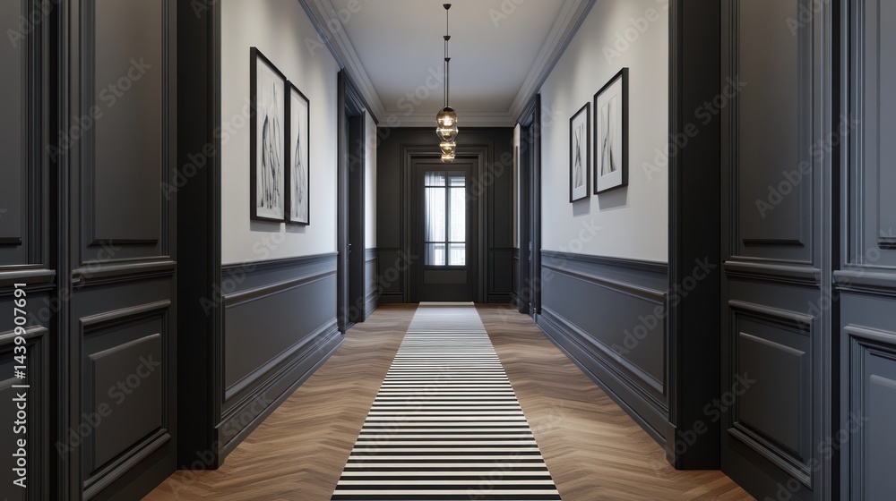 Elegant hallway interior design, herringbone floor, modern home decor, art prints, peaceful atmosphere Elegant hallway interior design, herringbone floor, modern home decor, art prints, peaceful atmosphere