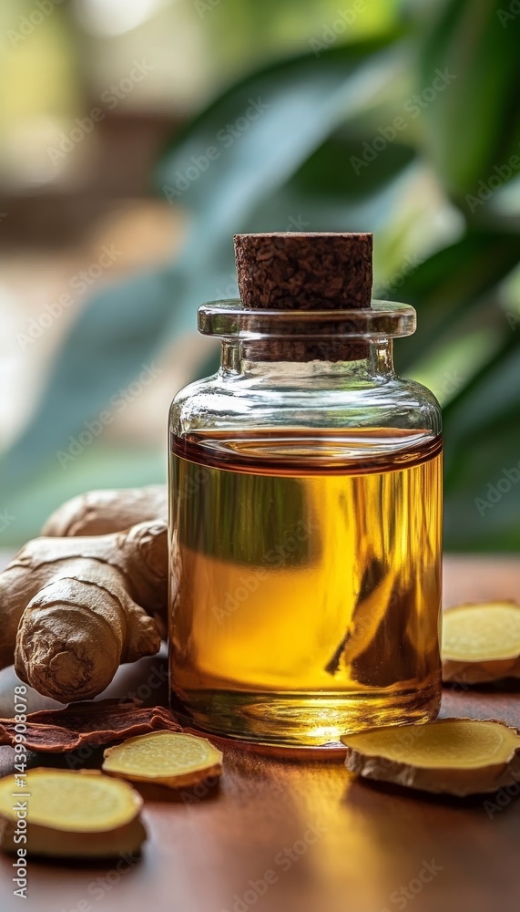 Ginger Essential Oil in a Glass Bottle, Fresh Slices and Dried Pieces on a Wooden Table
