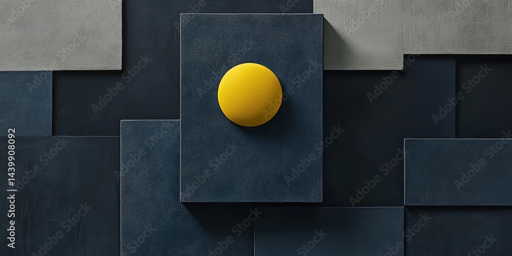 Minimalist Design Yellow Circle Against Geometric Gray and Black Tiled Wall, Abstract Background