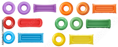 inflatable pool float set PNG. colorful pool floats top view flat lay PNG. pool floats for summertime activities and fun. Colorful inflatable pool float PNG for summer pool parties and water 