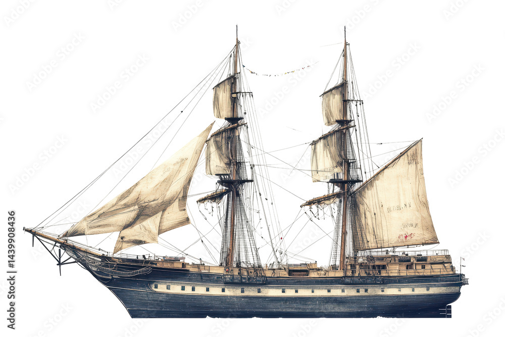 Fototapeta premium Classic battleship vintage naval vessel isolated on white background ideal for maritime and war themes