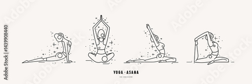 Illustration girl doing yoga asanas. Thin line graphic style for your design. Black print on white background