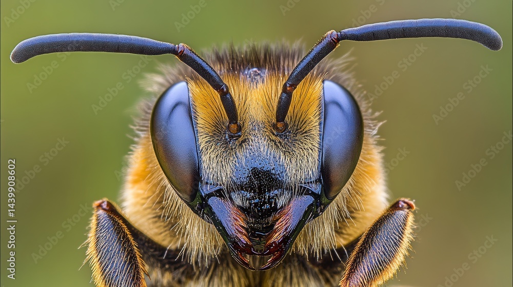 Honeybee Close-Up A Detailed Portrait with Focus on Compound Eyes, Antennae, and Fuzzy Body