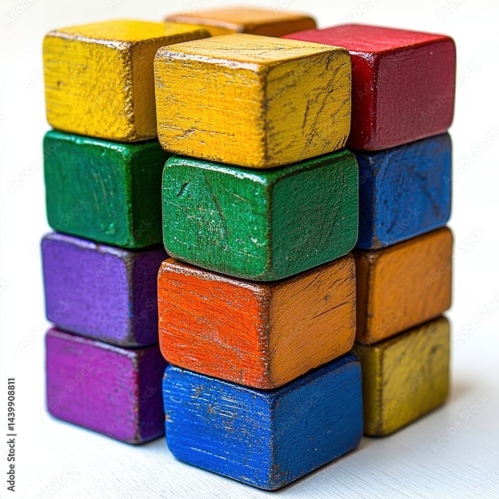 Colorful wooden blocks stacked in various arrangements on a white surface, showcasing a playful and creative atmosphere for children