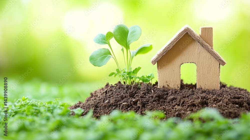 Green Home, Sustainable Housing Concept. A Miniature House on Soil with Plant Growing.