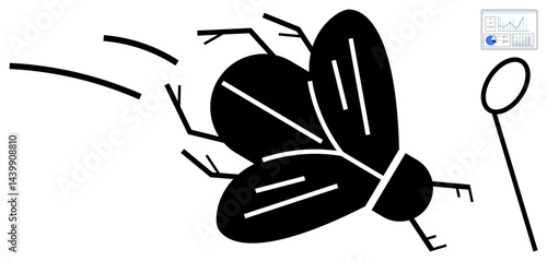 Large insect in flight with motion lines, evading a swatting net handle. Ideal for pest control, evasion, nature study, rapid motion, alertness, survival, and simple landing page