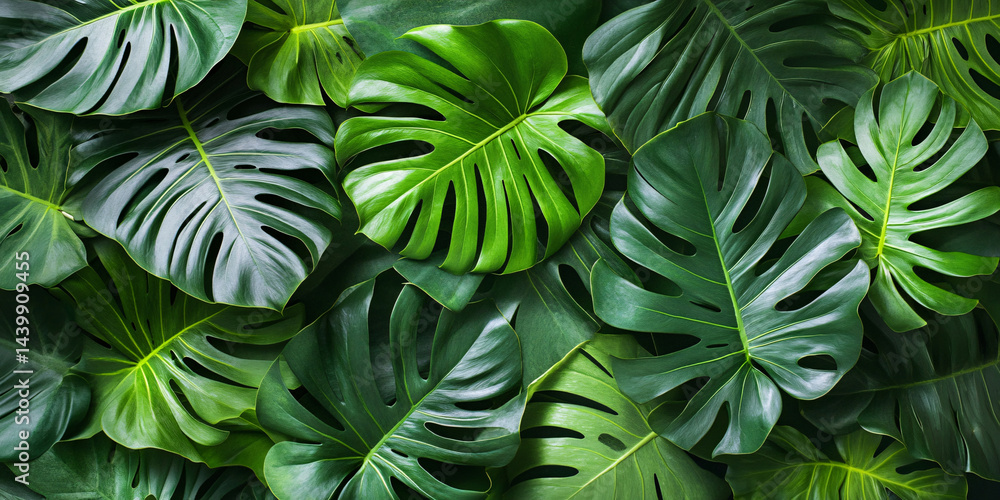 A vibrant image showcasing lush green monstera leaves. A vibrant image showcasing lush green monstera leaves.