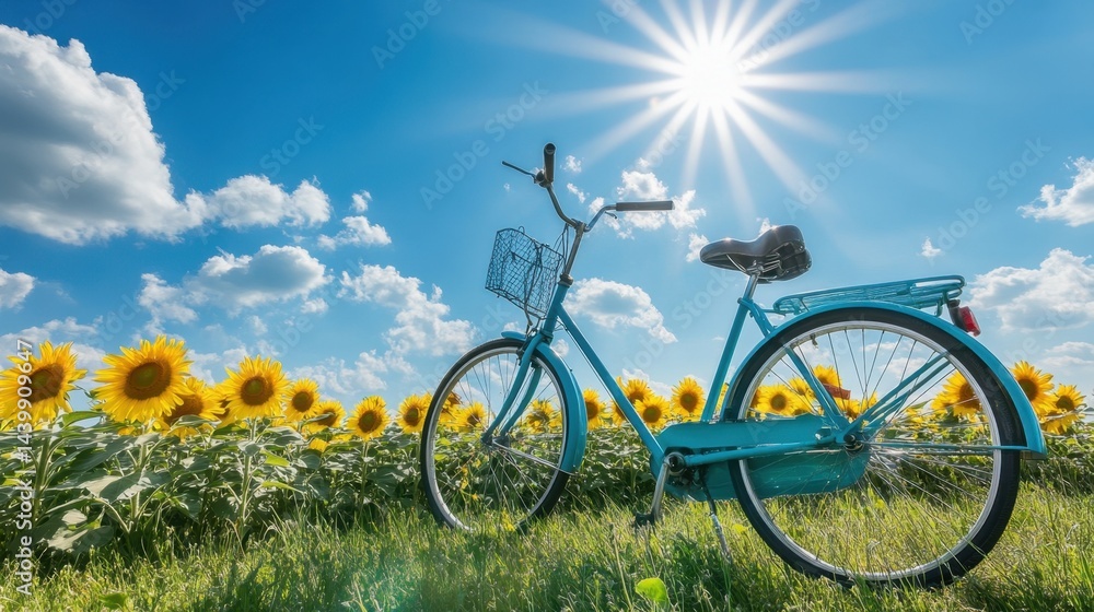 Bicycle parked beside a sunflower field under a bright summer sky Bicycle parked beside a sunflower field under a bright summer sky
