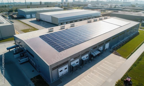 A modern warehouse building with solar panels on the roof, surrounded by paved parking and grassy areas.