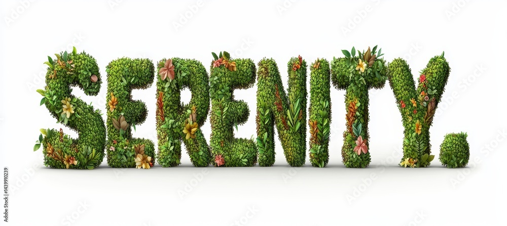 Serenity Word Spelled Out In Lush Green Foliage Covered In Colorful Flowers On White Background