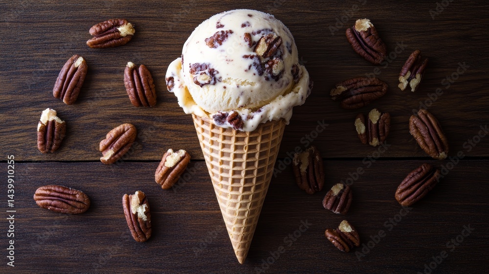 Delicious Butter Pecan Ice Cream Scoop in Waffle Cone on Rustic Wooden Background, Top View