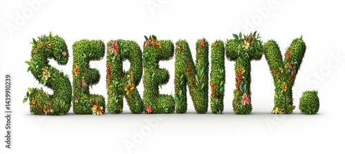 Obraz na płótnie Serenity Word Spelled Out In Lush Green Foliage Covered In Colorful Flowers On White Background w salonie
