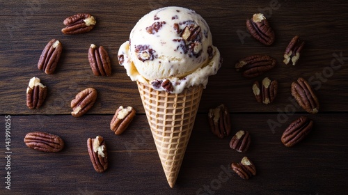Obraz na płótnie Delicious Butter Pecan Ice Cream Scoop in Waffle Cone on Rustic Wooden Background, Top View w salonie
