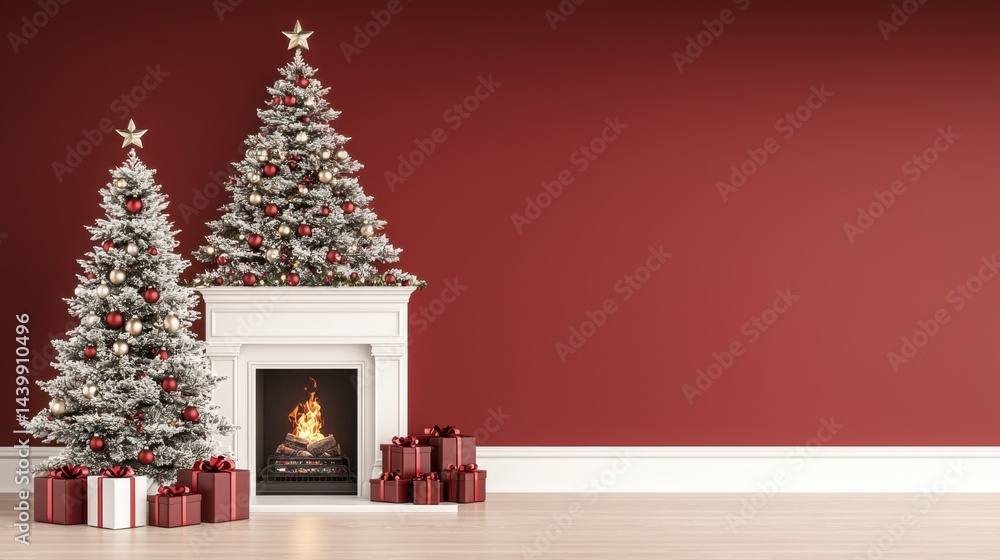 Fototapeta premium Christmas tree decorated with red and silver ornaments surrounded by gifts and a cozy fireplace setting