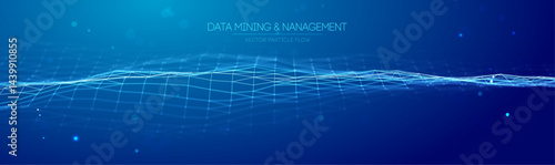 Data AI background abstract network tech digital flow wave concept. Line pattern design science computer 3D sound complex technology vector BG. Future analysis research LLM neural particle blue code.
