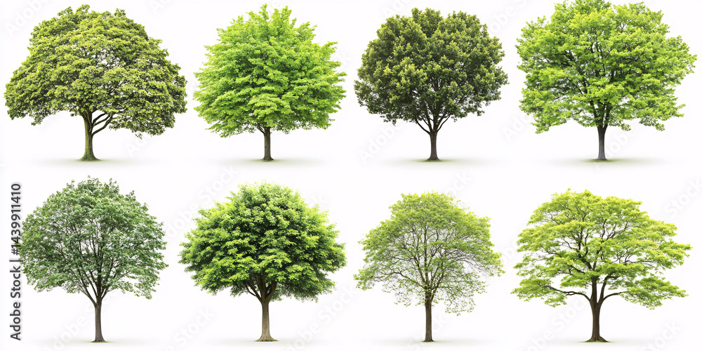 Fototapeta premium Eight different green trees isolated on white.