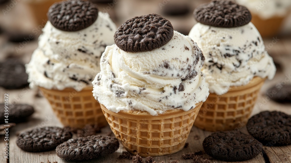 Indulgent Delight Cookies and Cream Ice Cream Cones on Rustic Wooden Table, Close Up