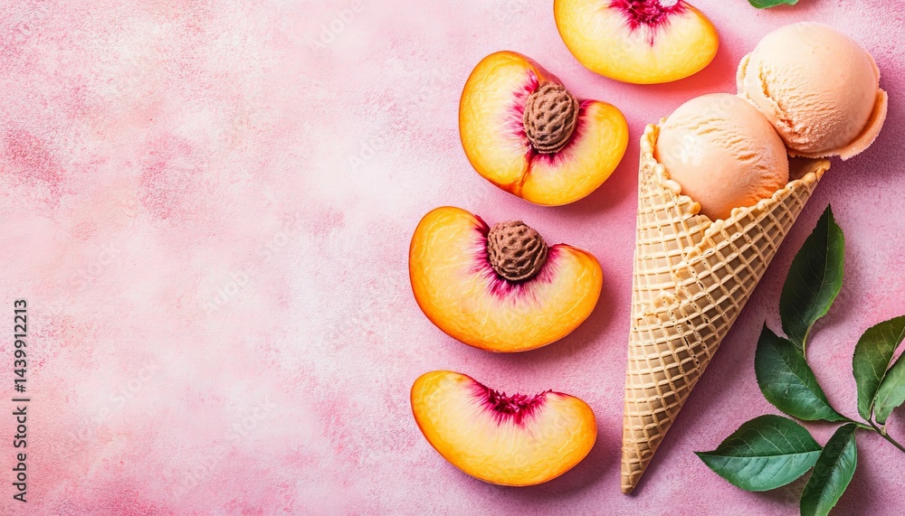 Peach Ice Cream in Waffle Cone and Fresh Peach Slices on Pink Background, Summer Treat