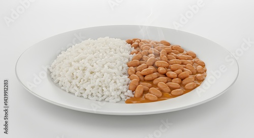 A simple and inviting plate with white rice and beans, a traditional and comforting meal.