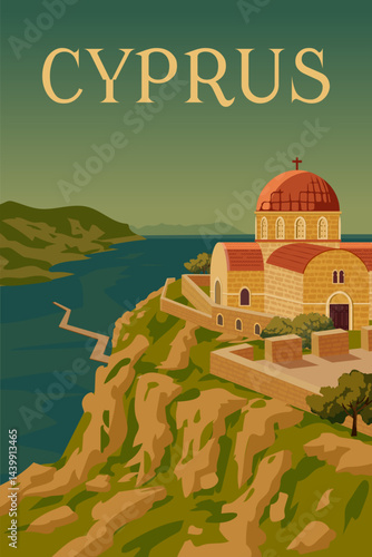 Travel poster island Cyprus, white church