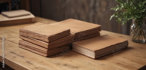 Rustic wooden table displays three sized book cover mockups ,  wood,  presentation